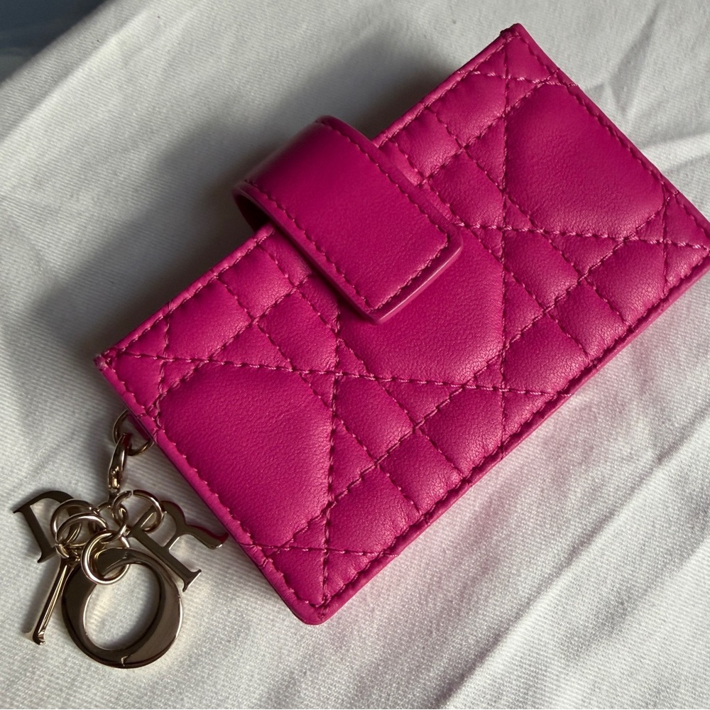 Dior Fuchsia Quilted Card Holder with Gold Dior Charm